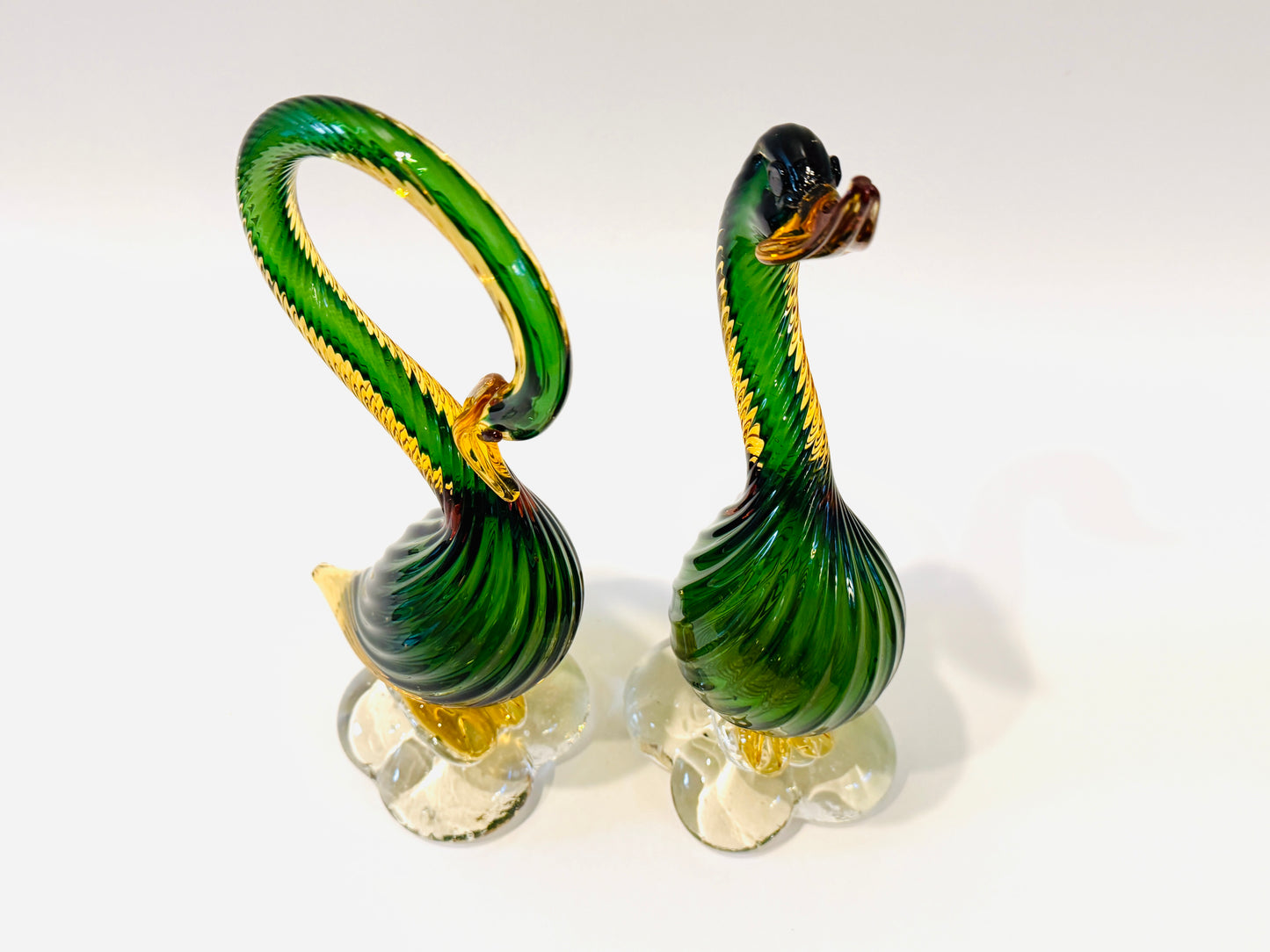Pair of Mid Century Murano Goose Green and Gold Spiral Glass Sculptures