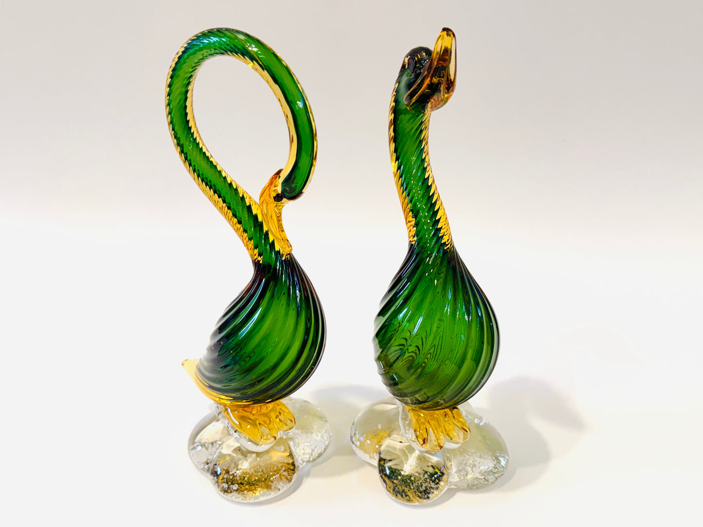 Pair of Mid Century Murano Geese Green and Gold Spiral Glass Sculptures