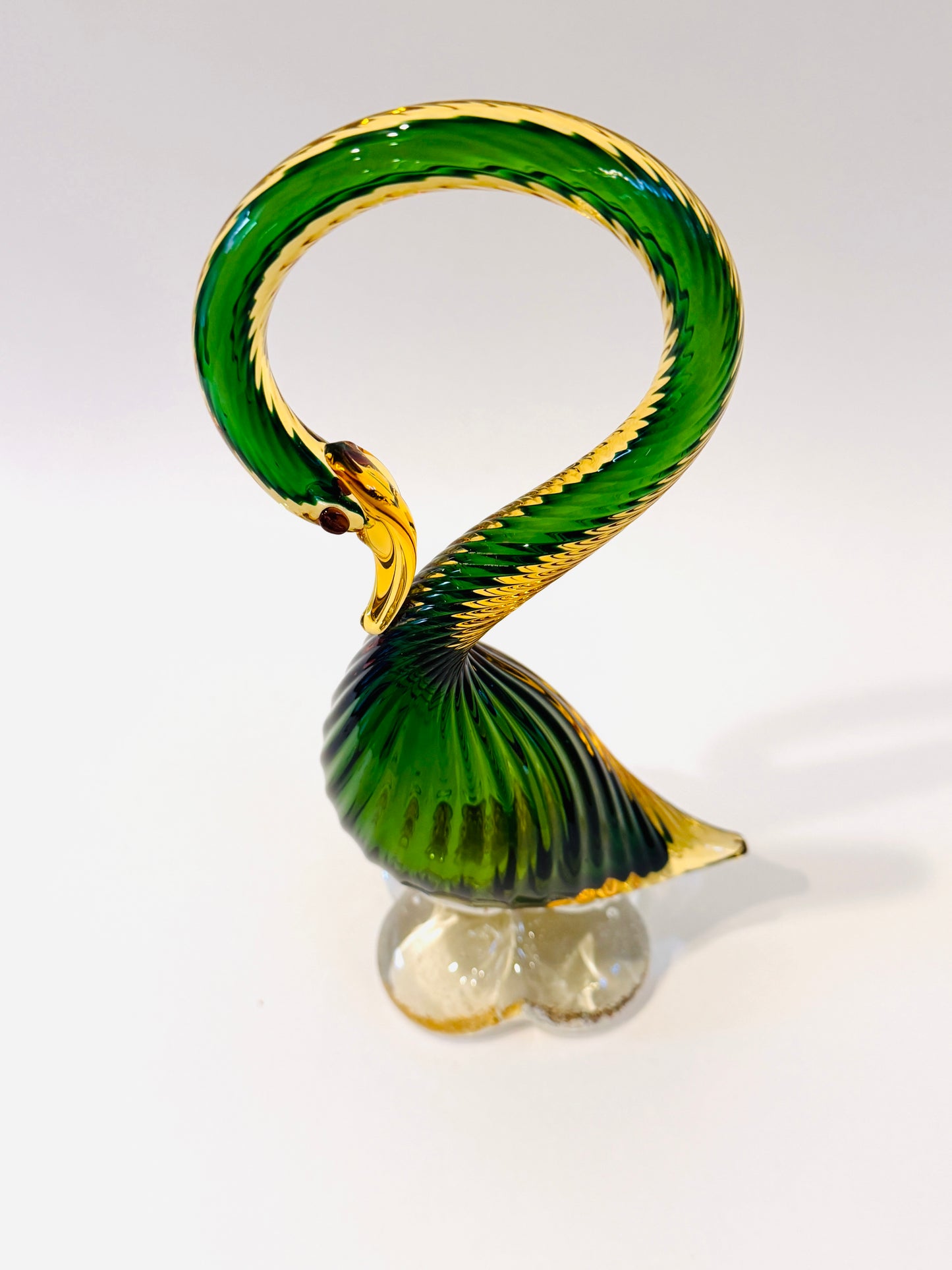 Pair of Mid Century Murano Geese Green and Gold Spiral Glass Sculptures