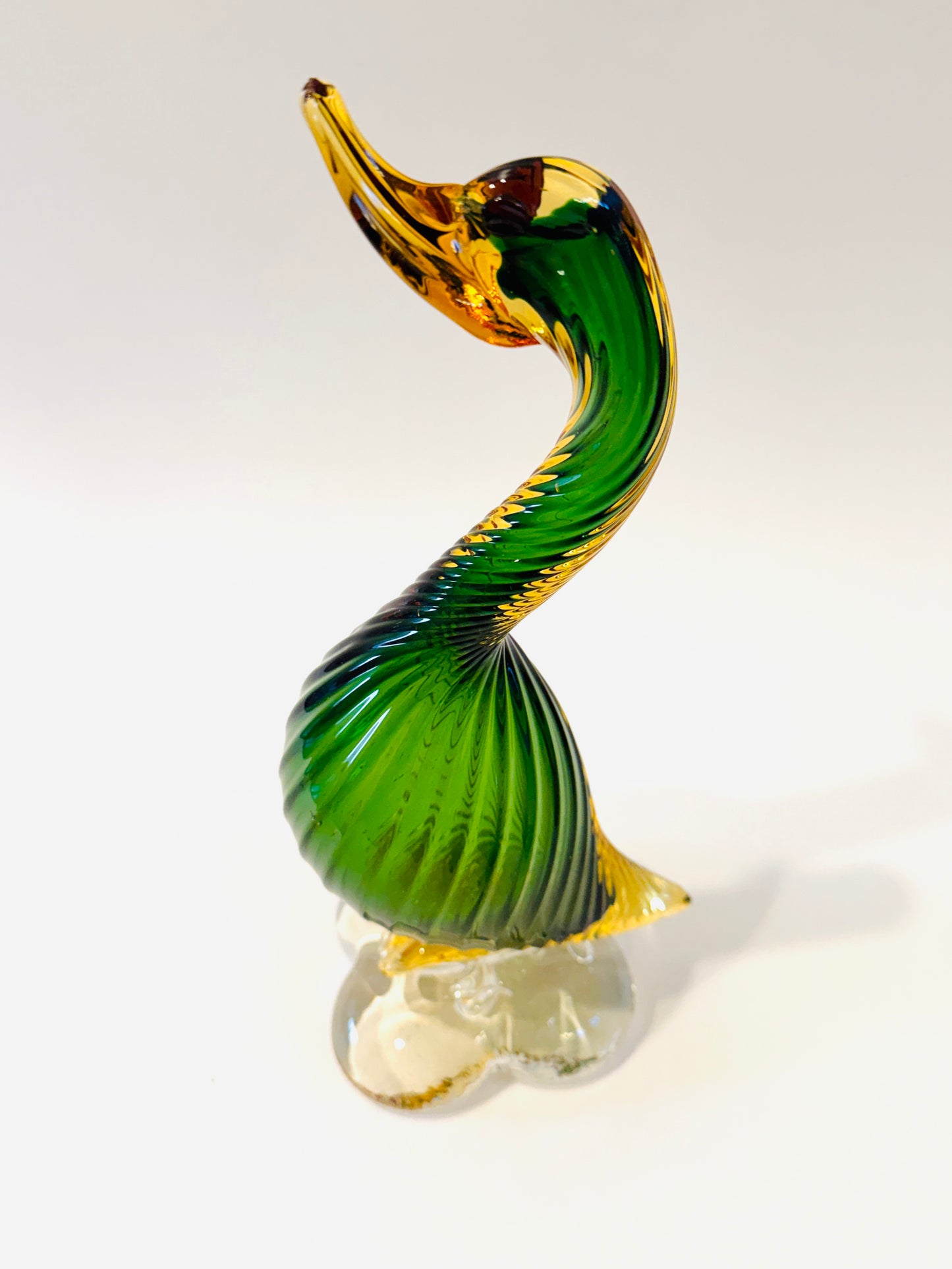 Pair of Mid Century Murano Geese Green and Gold Spiral Glass Sculptures