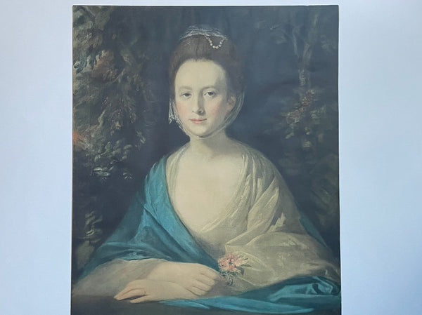 Antique French Woman Portrait Gouache Print Forest Green Ornate Gilt Frame