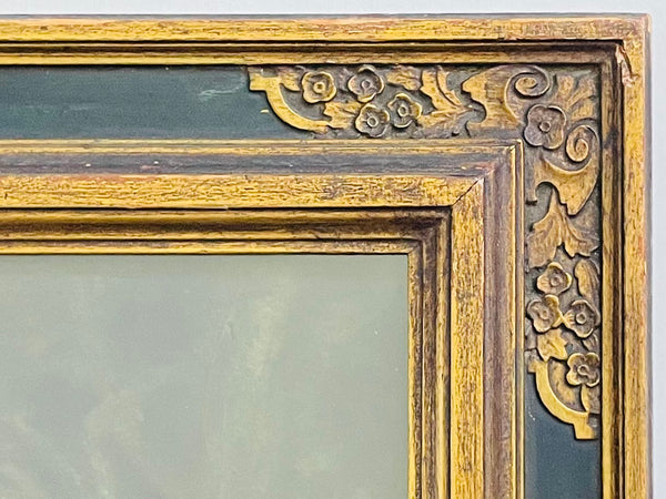 Antique French Woman Portrait Gouache Print Forest Green Ornate Gilt Frame