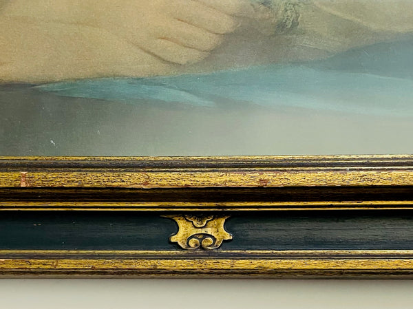 Antique French Woman Portrait Gouache Print Forest Green Ornate Gilt Frame