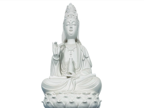 White Porcelain Buddha On Lotus Flowers Holding Vase Sculpture Hallmarked