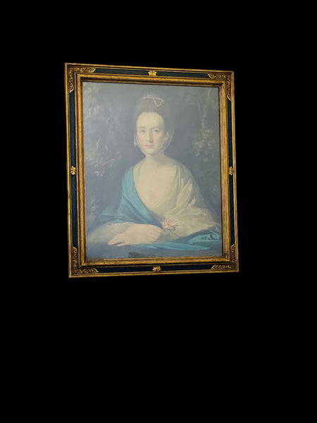 Antique French Woman Portrait Gouache Print Forest Green Ornate Gilt Frame