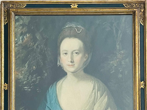 Antique French Woman Portrait Gouache Print Forest Green Ornate Gilt Frame