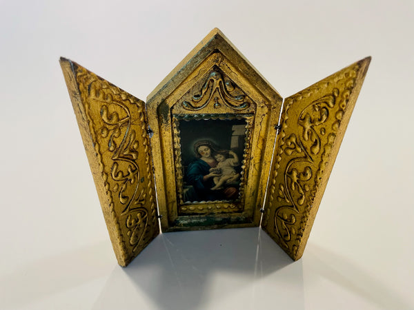 Madonna Child Florentine Gold Relief Triptych Retablo Tea Screen