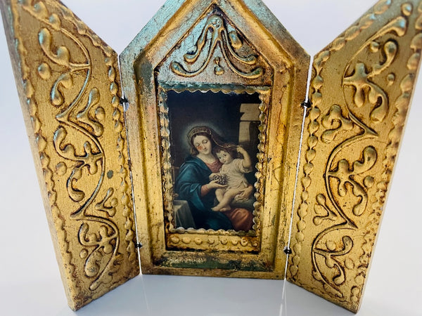 Madonna Child Florentine Gold Relief Triptych Retablo Tea Screen