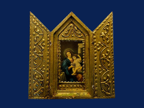 Madonna Child Florentine Gold Relief Triptych Retablo Tea Screen