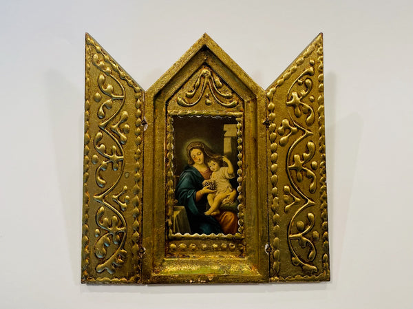 Madonna Child Florentine Gold Relief Triptych Retablo Tea Screen