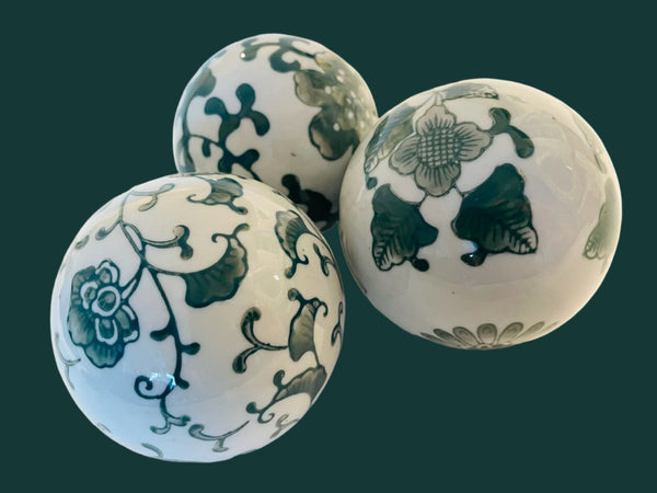 Green On White Chinoiserie Porcelain Floral Decorative Balls