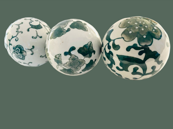 Green On White Chinoiserie Porcelain Floral Decorative Balls