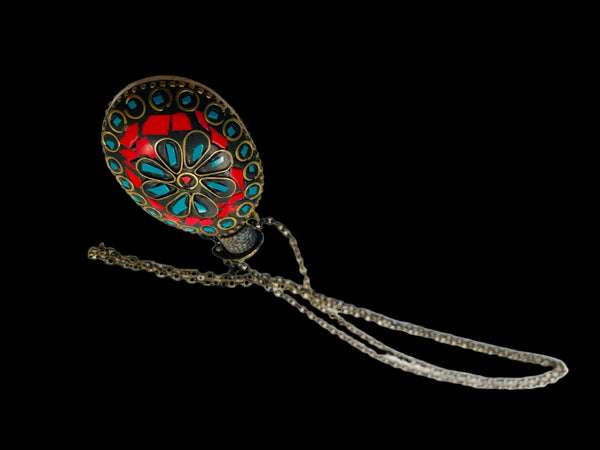 Folk Art Bottle Pendant Chain Necklace Coral Turquoise Embellished