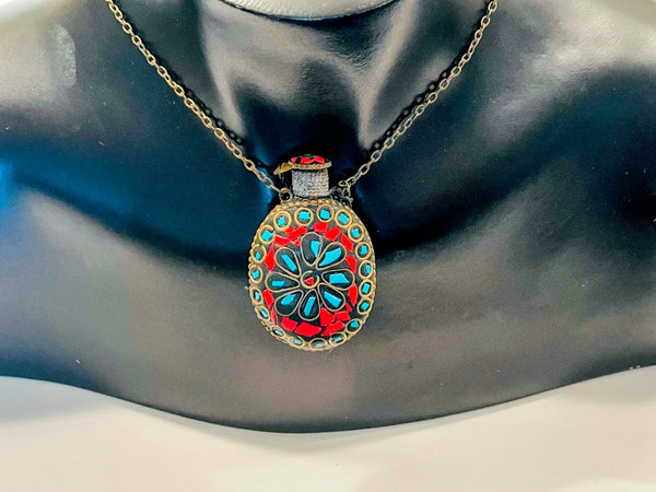 Folk Art Bottle Pendant Chain Necklace Coral Turquoise Embellished