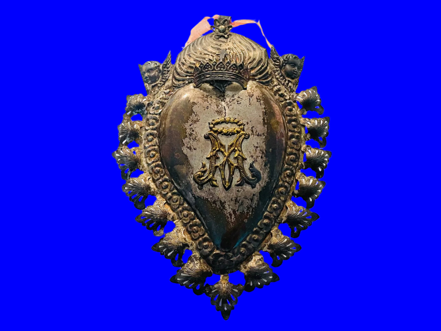 A Silver Plated Antique Ex Voto Sacred Heart Florence Italy