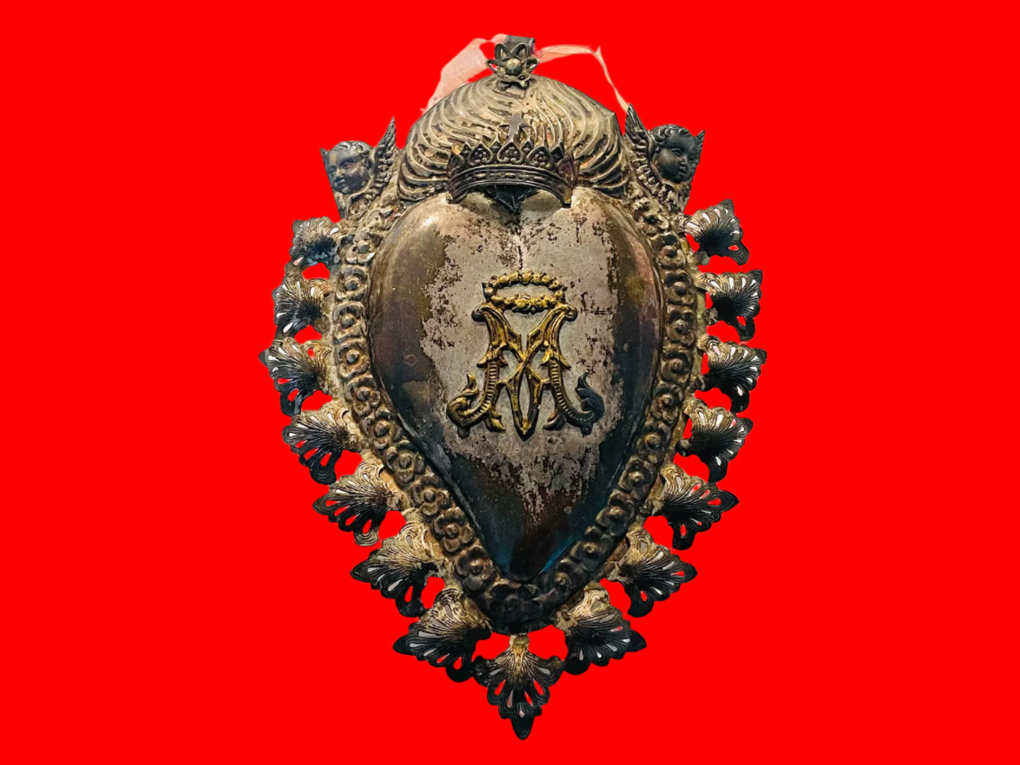 A Silver Plated Antique Ex Voto Sacred Heart Florence Italy