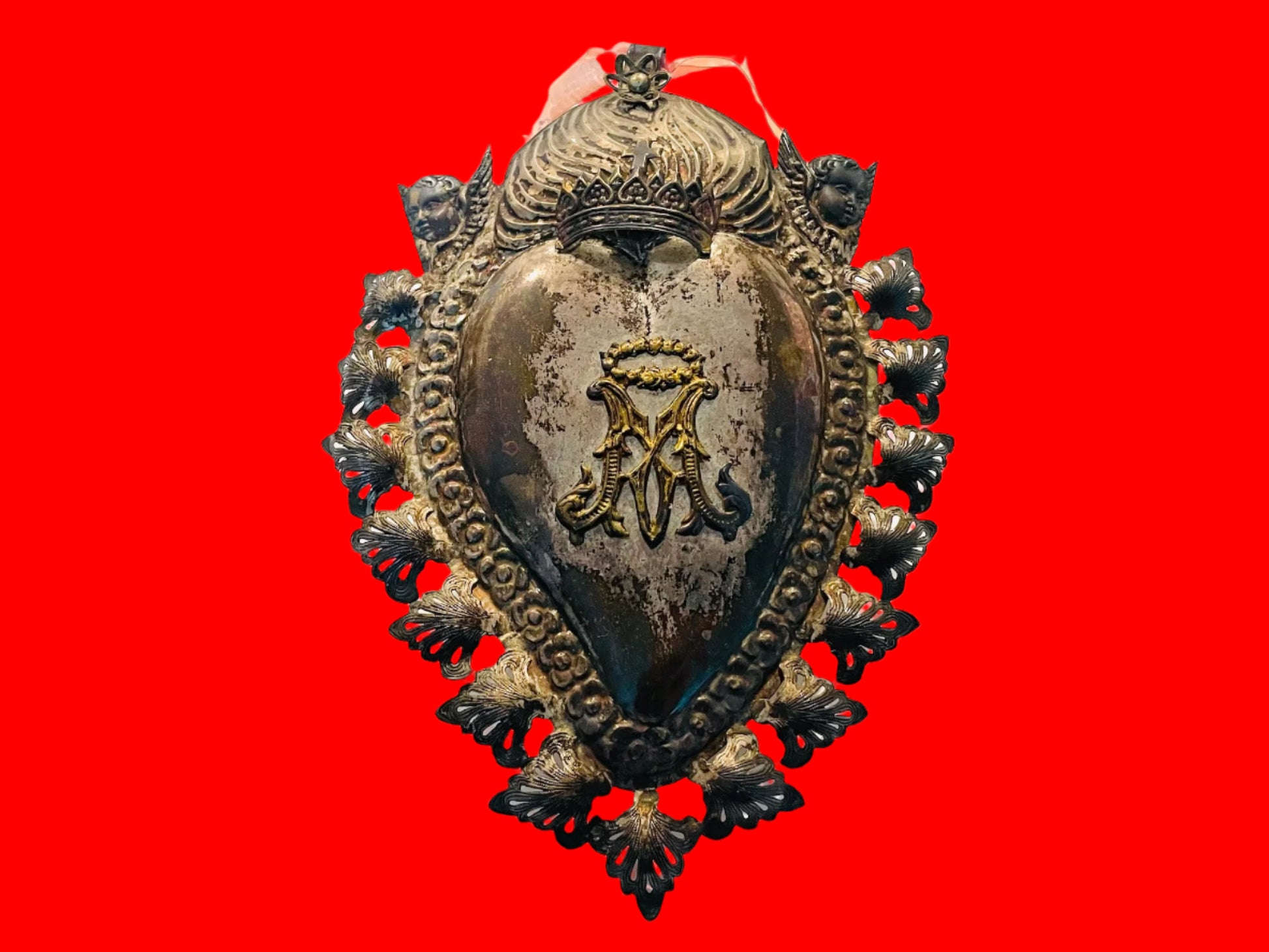 A Silver Plated Antique Ex Voto Sacred Heart Florence Italy