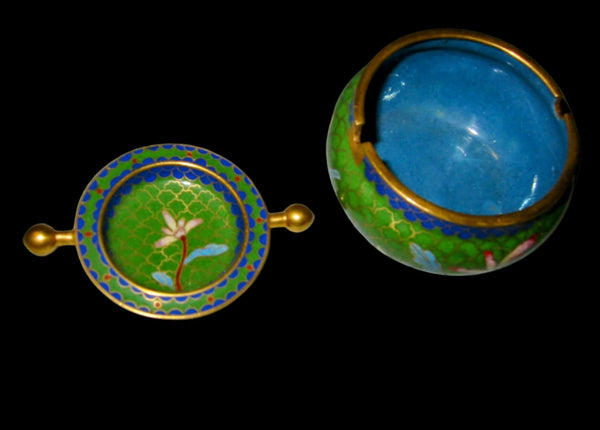 Asian Green Roll Top Cloisonne Covered Bowl Lotus Flowers
