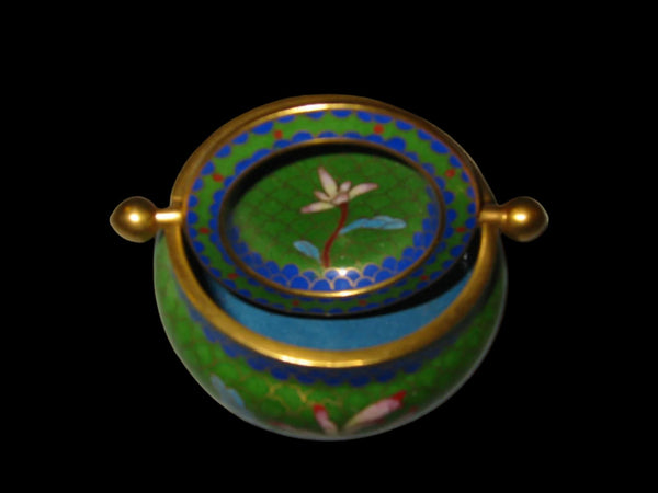 Asian Green Roll Top Cloisonne Covered Bowl Lotus Flowers