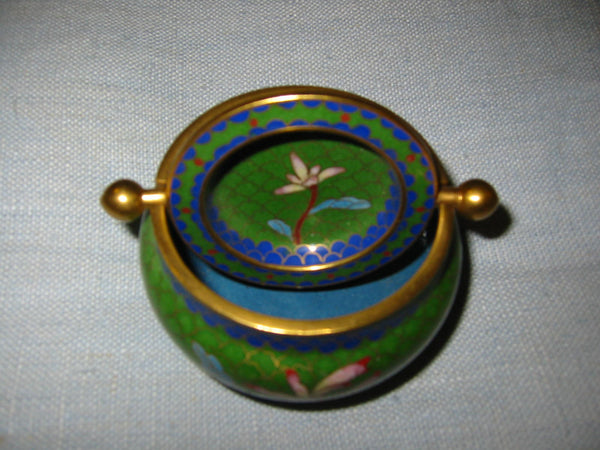 Asian Green Roll Top Cloisonne Covered Bowl Lotus Flowers