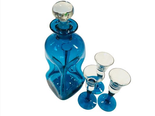 Mid Century Blue Jacob Bang Kingfisher Glass Decanter Liquor Stems Short Set