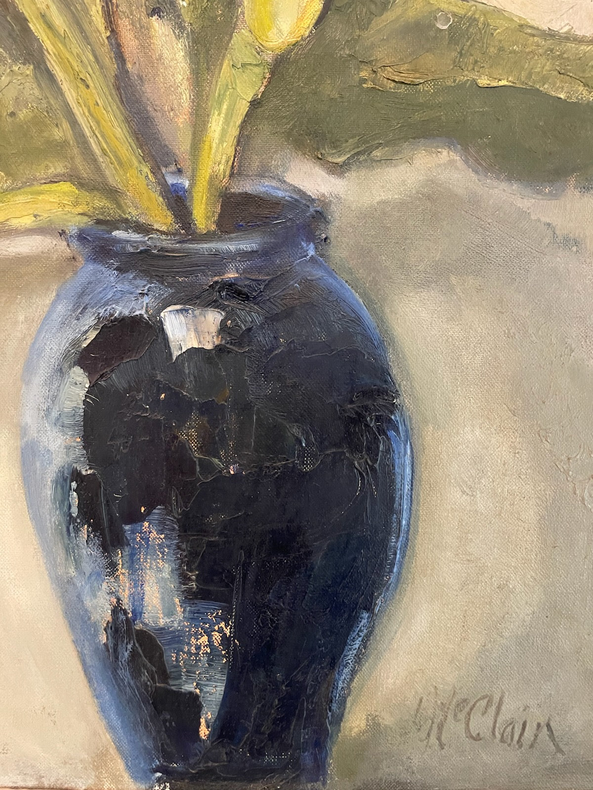 Helen McClain Ojai California Still Life Calla Lily In Blue Pot Oil On Canvas Panel