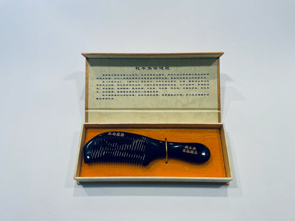 Asian Black Calligraphic Hand Held Hair Comb In Golden Textured Box