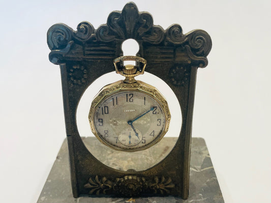 French Folk Art Bronze Pocket Watch Fob On Gray Marble Stand 