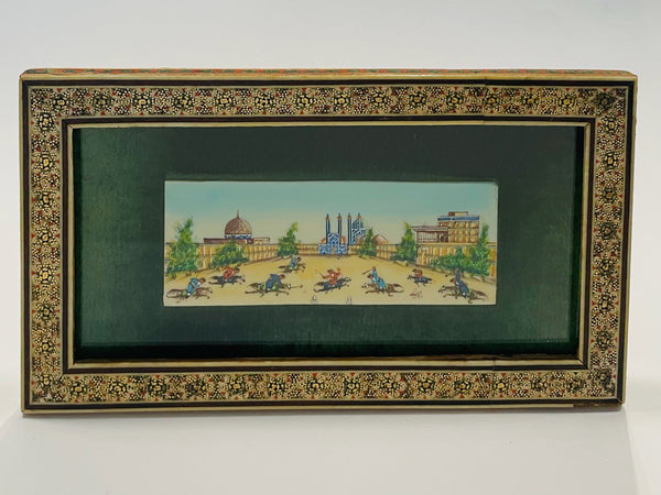 Persian Miniature Chogan Players Signed Plaque Khatam Frame