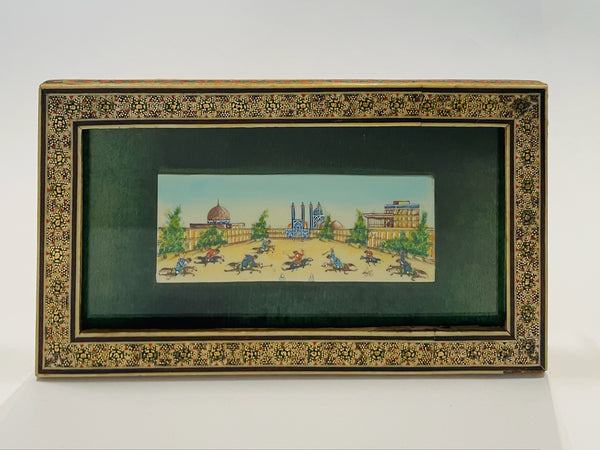 Persian Miniature Chogan Players Signed Plaque Khatam Frame