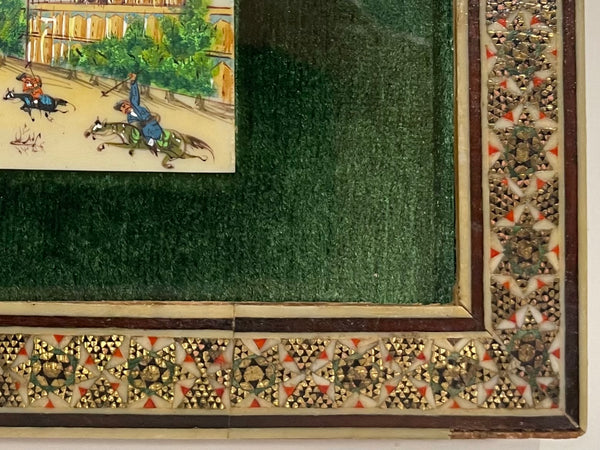 Persian Miniature Chogan Players Signed Plaque Khatam Frame