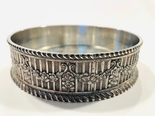 Silver Plated Wine Bottle Floral Coaster With Lion Center Medallion