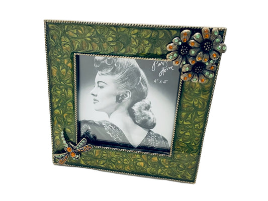 Green Enamel Picture Frame Embellished Sparkle Dragonfly Flowers