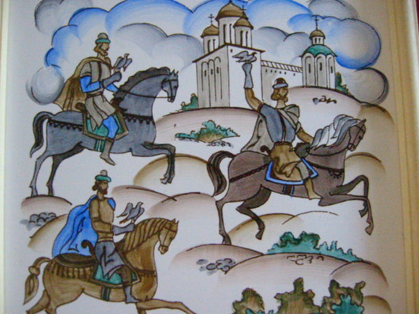 Russian Equestrian Framed Hand Painted Porcelain Tile Medieval Style