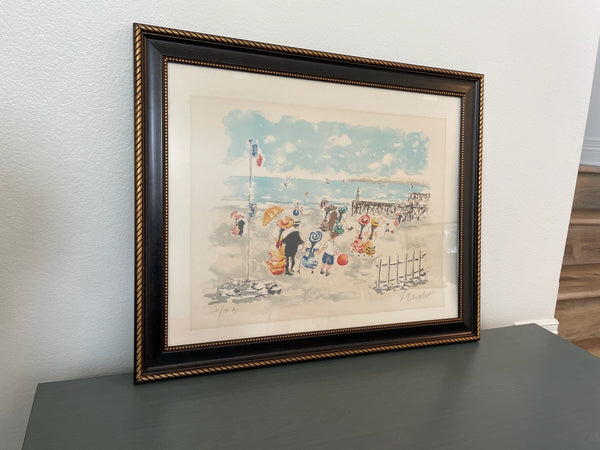 Impressionist French Signed Gouache Art People At The Beach Lithograph