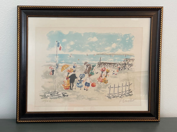 Impressionist French Signed Gouache Art People At The Beach Lithograph