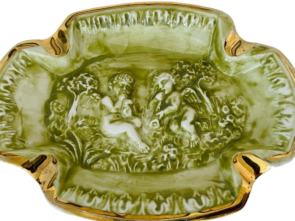 R Capodimonte Italy Gold Over Green Putti Decorated Ashtray