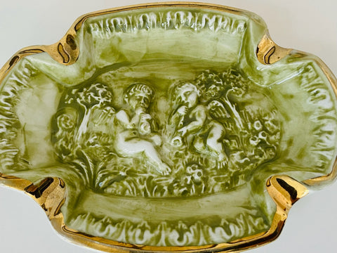 R Capodimonte Italy Gold On Green Putties Decorated Ashtray 