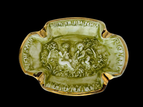 R Capodimonte Italy Gold Over Green Putti Decorated Ashtray