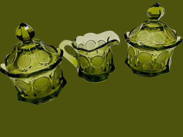 Fostoria American Green Glass Vanity Set Lidded Coin Jars Pitcher