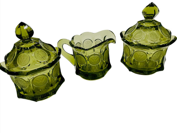 Fostoria American Green Glass Vanity Set Lidded Coin Jars Pitcher