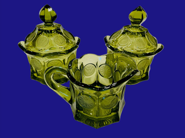 Fostoria American Green Lidded Glass Coins Jars Creamer Vanity Set