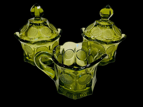 Fostoria American Green Lidded Glass Coins Jars Creamer Vanity Set