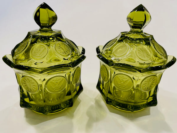 Fostoria American Green Glass Vanity Set Lidded Coin Jars Pitcher