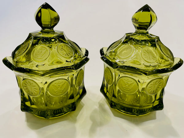 Fostoria American Green Lidded Glass Coins Jars Creamer Vanity Set