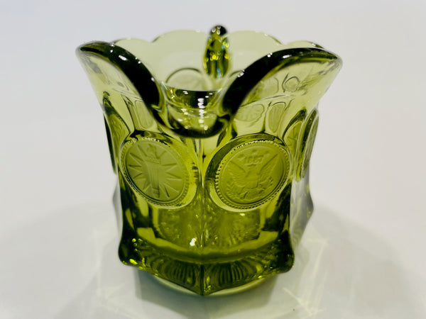Fostoria American Green Lidded Glass Coins Jars Creamer Vanity Set