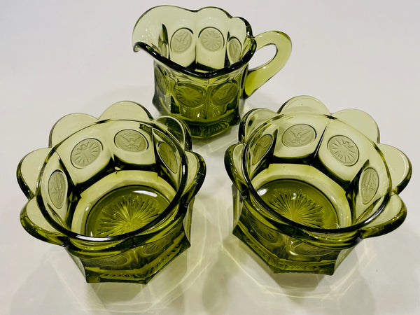 Fostoria American Green Lidded Glass Coins Jars Creamer Vanity Set