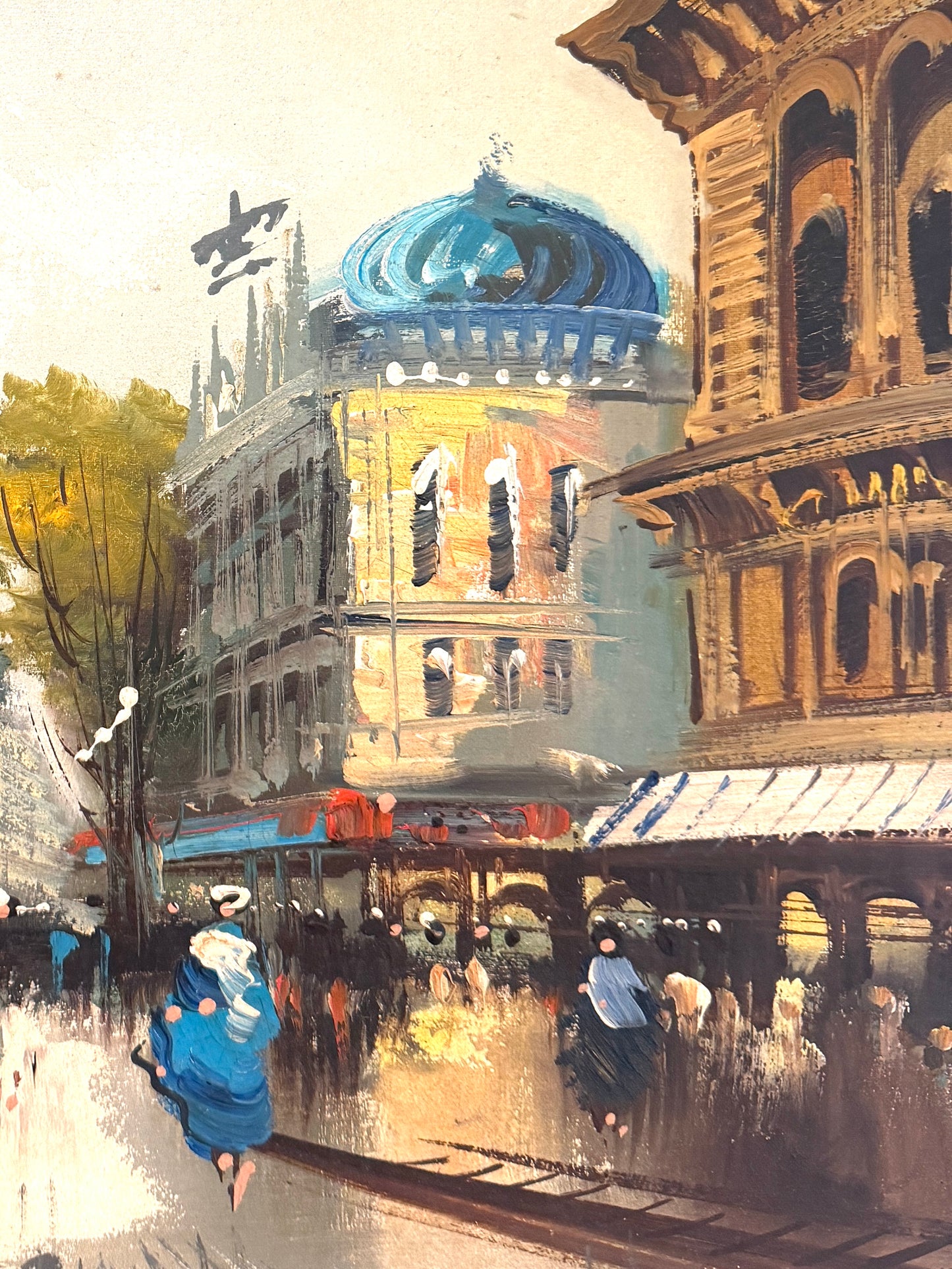Painting of a city street scene with people and architectural details
