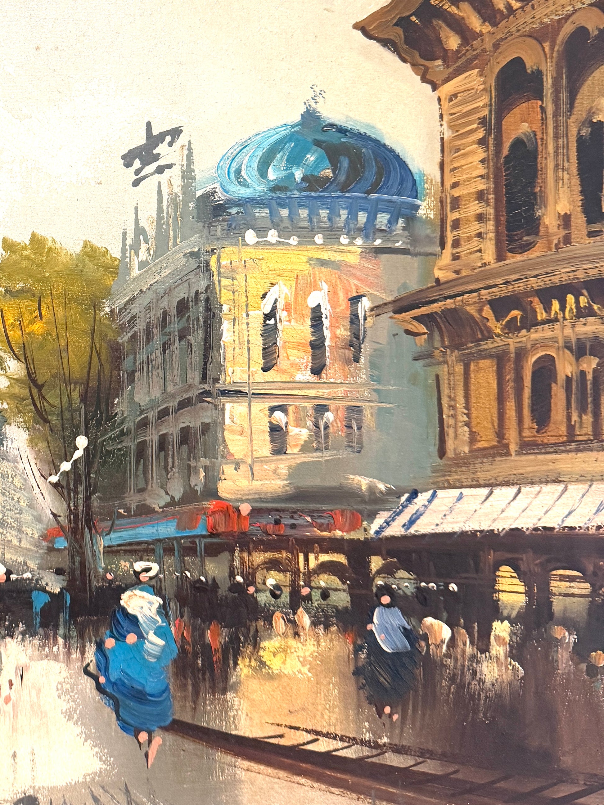 Painting of a city street scene with people and architectural details