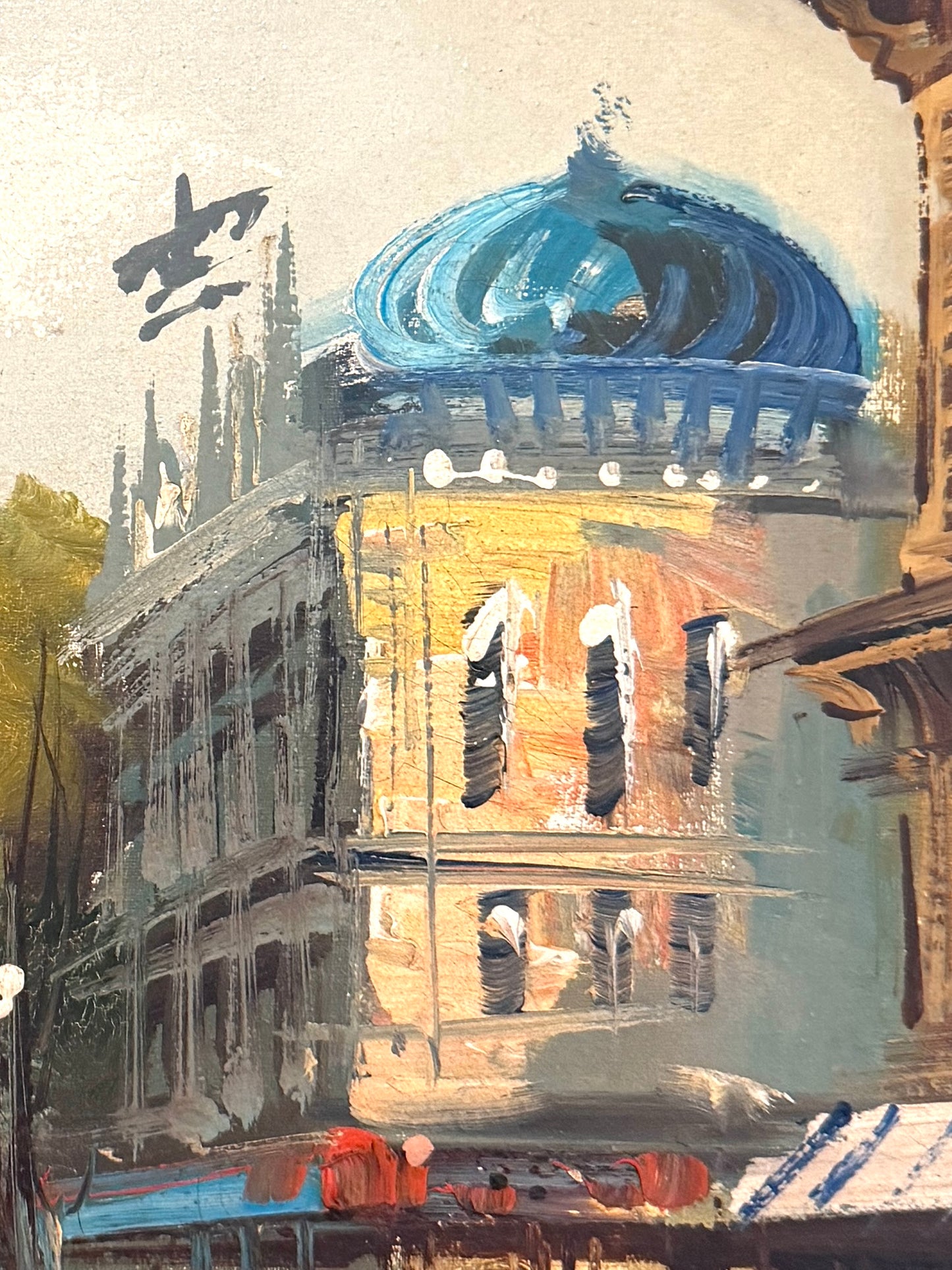 Artistic depiction of a building with a blue dome and intricate architecture.